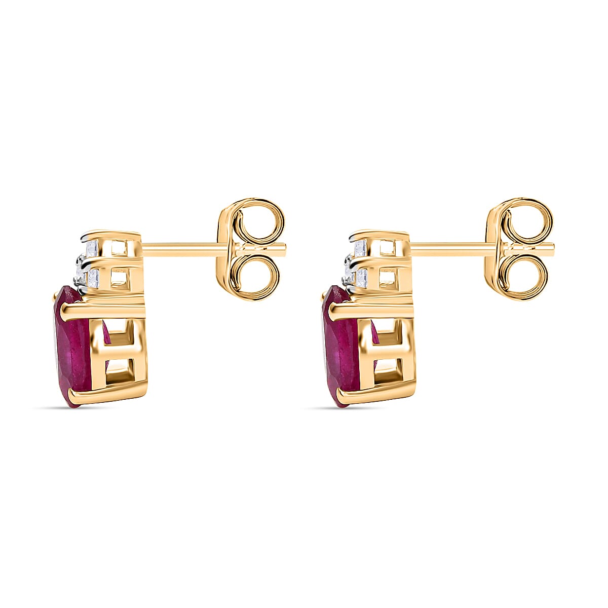 D'joy African Ruby, White Zircon Stud Push Post Earring in Yellow Gold Plated Sterling Silver 1.44 Ct. 8240207 3