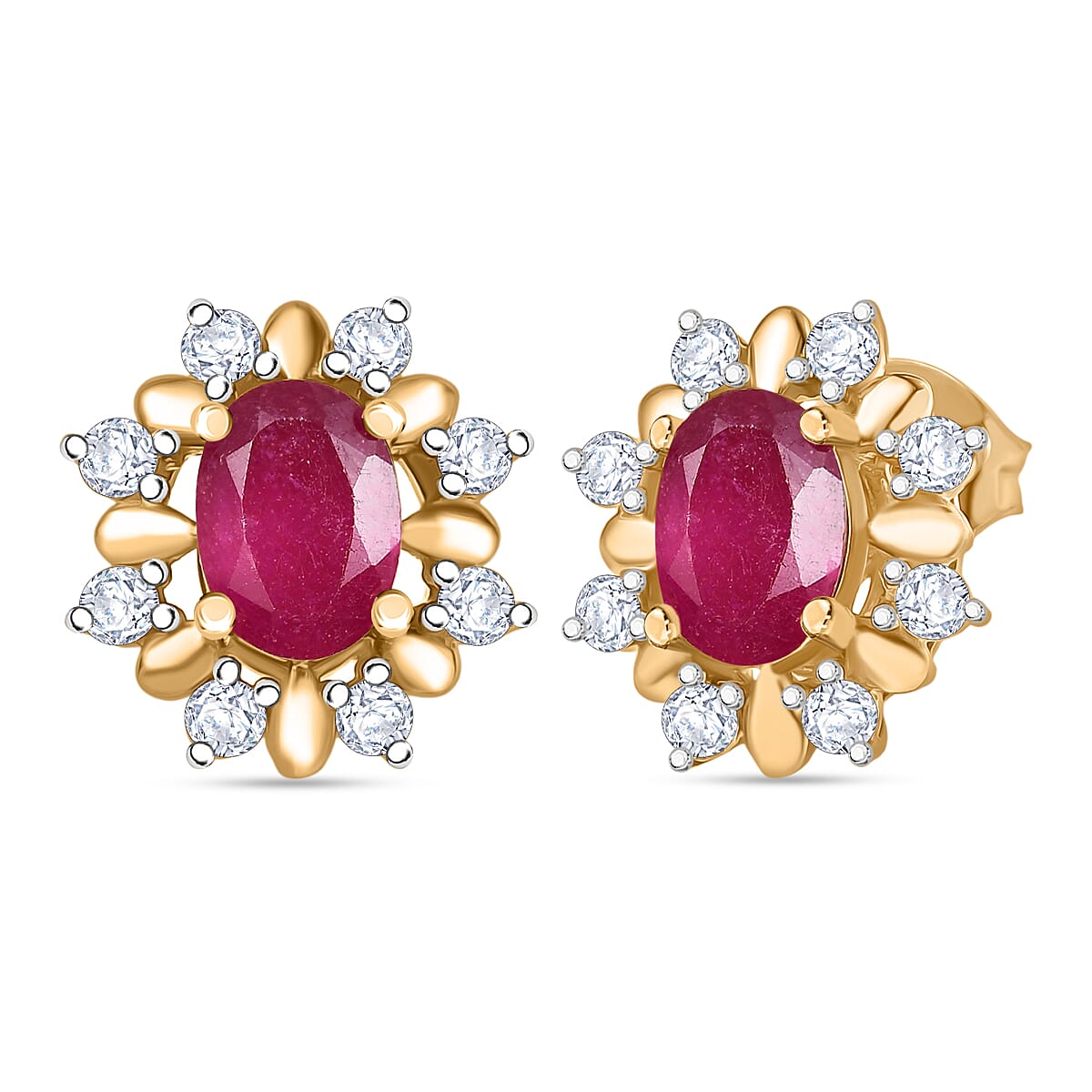 D'joy African Ruby, White Zircon Floral Push Post Earring in Yellow Gold Plated Sterling Silver 2.74 Ct. 8240358 0