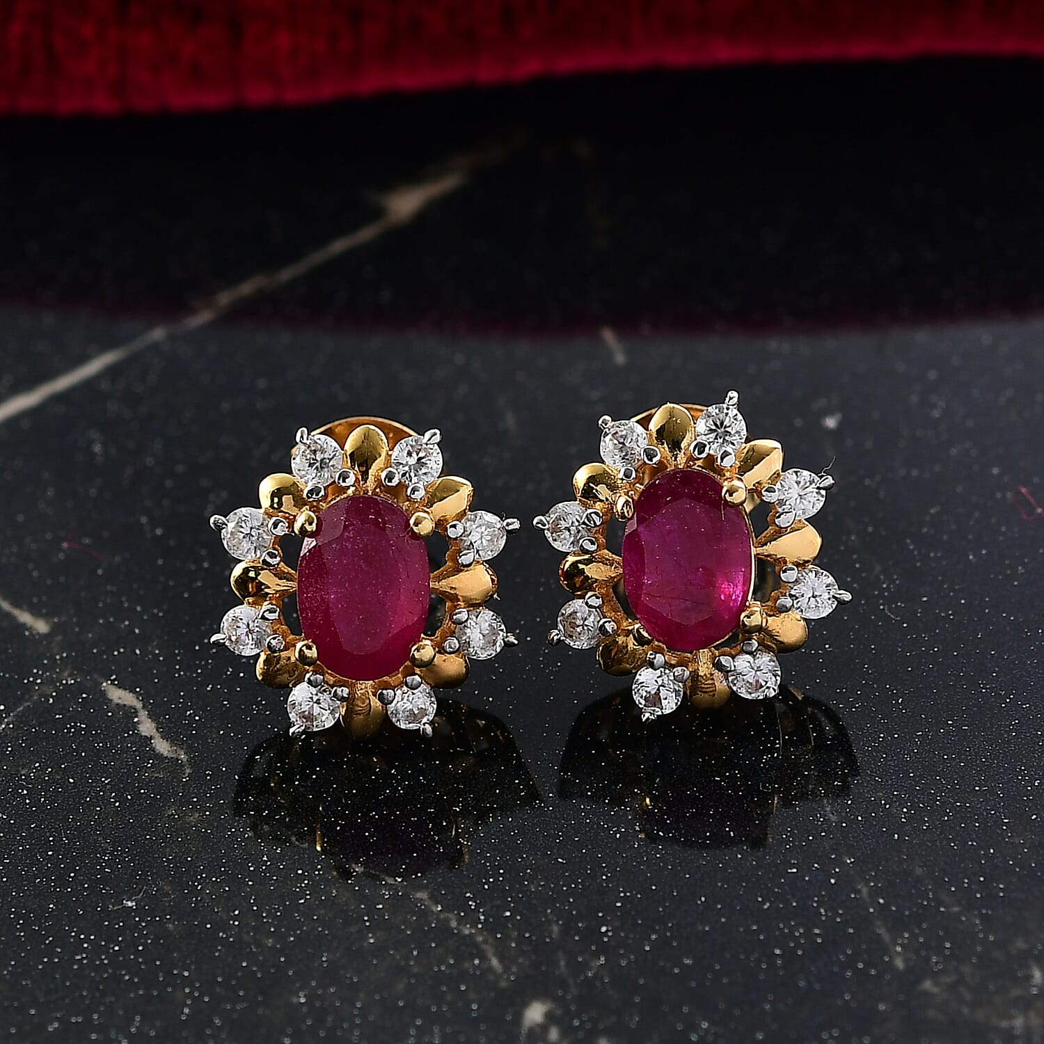 D'joy African Ruby, White Zircon Floral Push Post Earring in Yellow Gold Plated Sterling Silver 2.74 Ct. 8240358 1