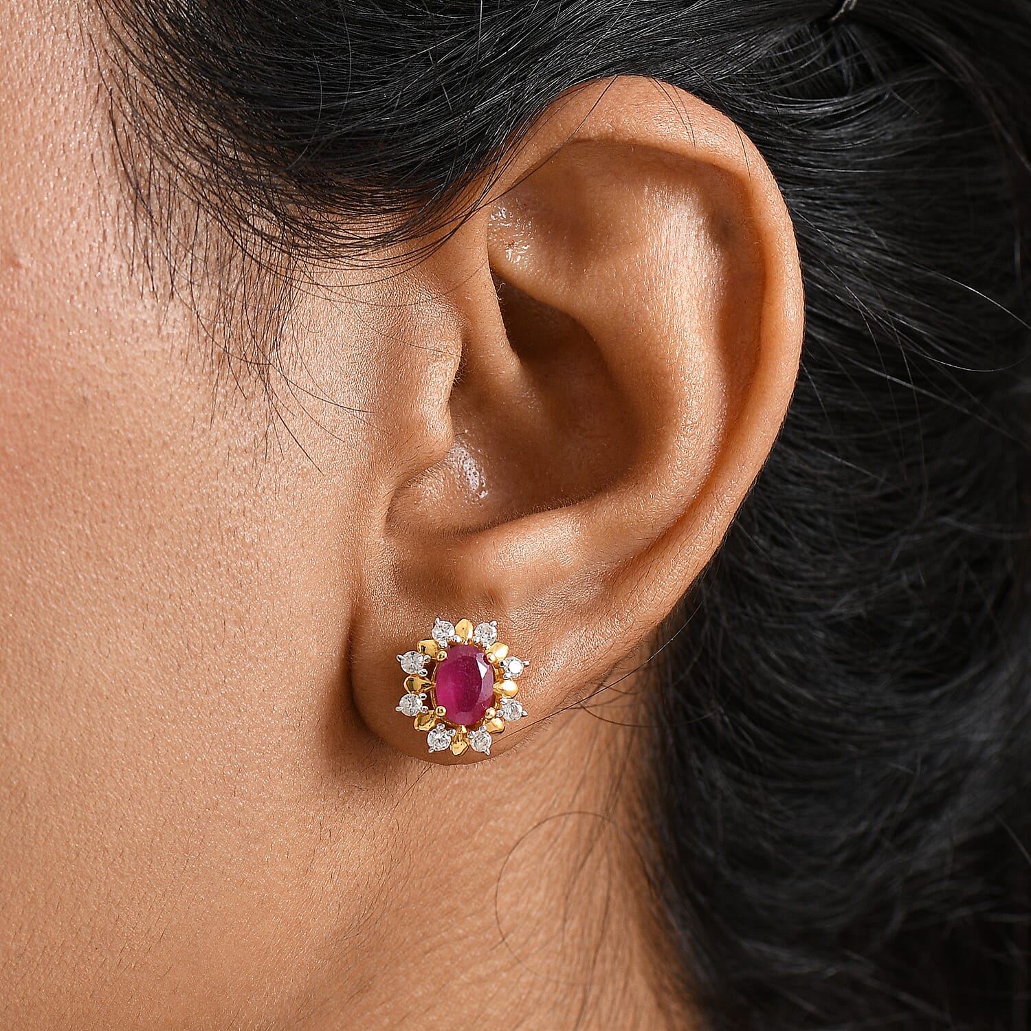 D'joy African Ruby, White Zircon Floral Push Post Earring in Yellow Gold Plated Sterling Silver 2.74 Ct. 8240358 2
