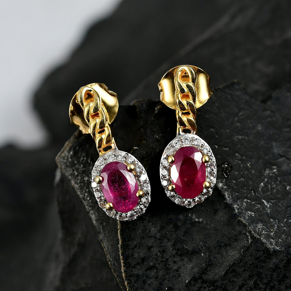 D'Joy African Ruby, White Zircon Halo Drop Earring in Yellow Gold Plated Sterling Silver 1.66 Ct. 8241804 1