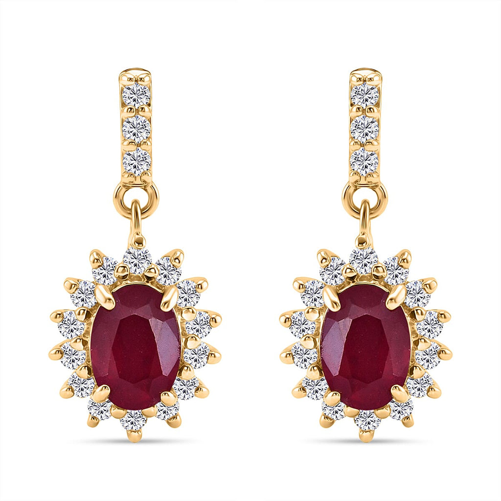 D'Joy African Ruby & White Zircon Sunburst Halo Earring with Push Back in Yellow Gold Plated Sterling Silver 3.30 Ct.