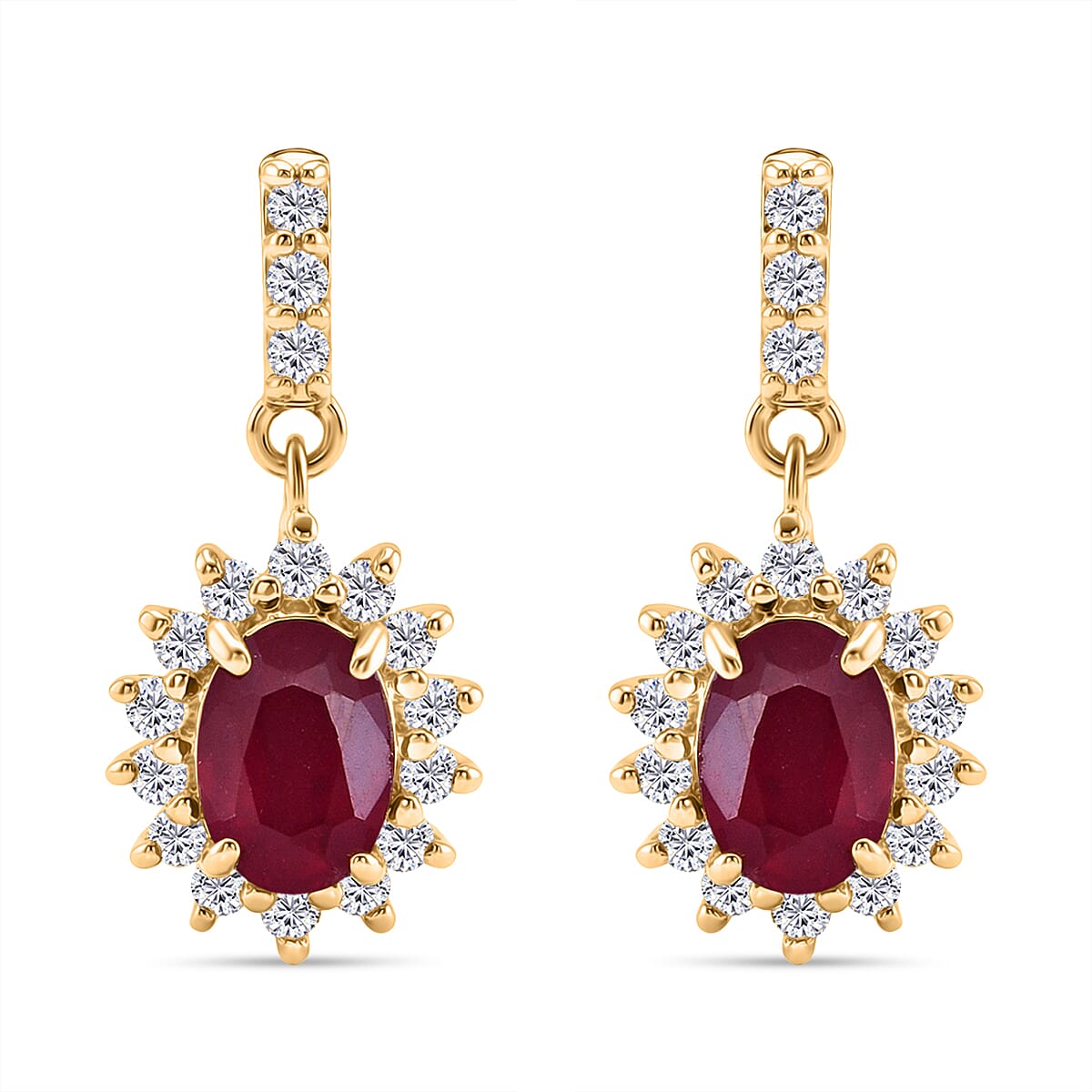 D'Joy African Ruby &amp; White Zircon Sunburst Halo Earring with Push Back in Yellow Gold Plated Sterling Silver 3.30 Ct. 8502461 0