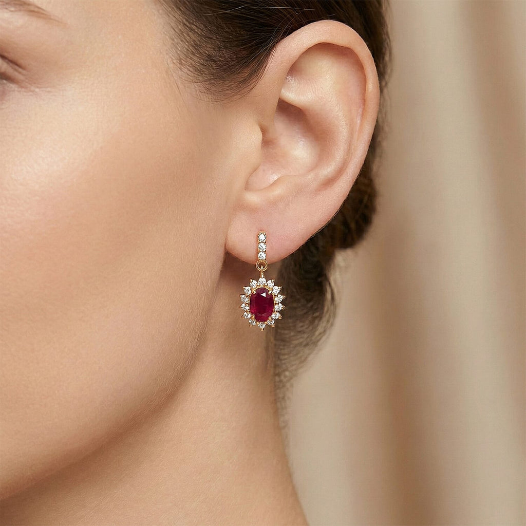 D'Joy African Ruby & White Zircon Sunburst Halo Earring with Push Back in Yellow Gold Plated Sterling Silver 3.30 Ct.