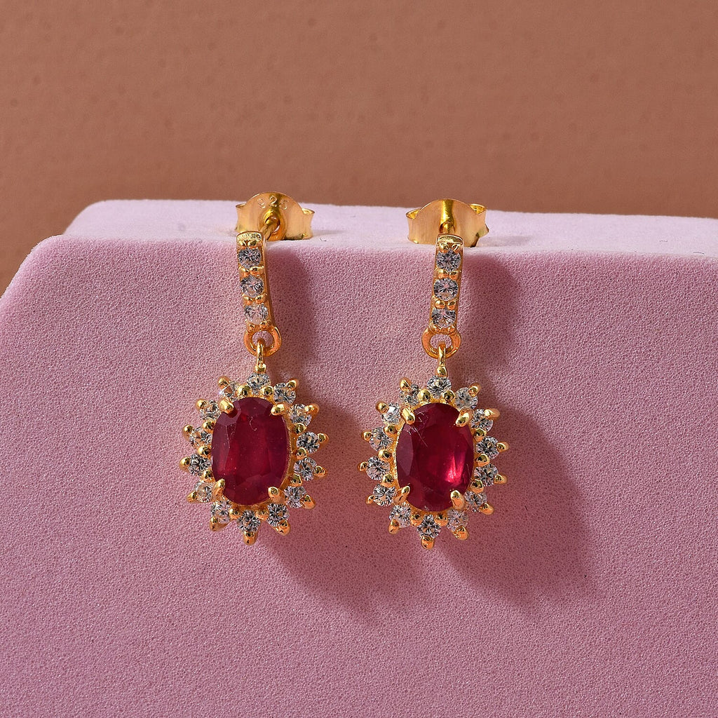 D'Joy African Ruby & White Zircon Sunburst Halo Earring with Push Back in Yellow Gold Plated Sterling Silver 3.30 Ct.