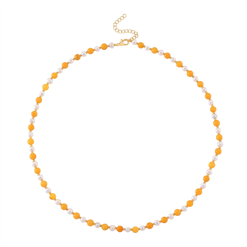 D'Joy Amber & White Fresh Water Pearl Beads Necklace (Size 20-2 EXT) in Yellow Gold Plated Sterling Silver 40.00 Ct.