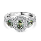 D'Joy Australian Sapphire & Moissanite 3 Stone Ring in Rhodium Overlay Sterling Silver 1.58 Ct.