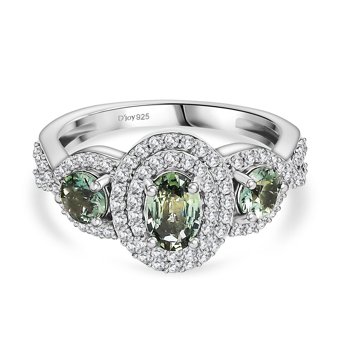 D'Joy Australian Sapphire &amp; Moissanite 3-Stone Halo Ring in Rhodium Overlay Sterling Silver 1.58 Ct. 8313742 0