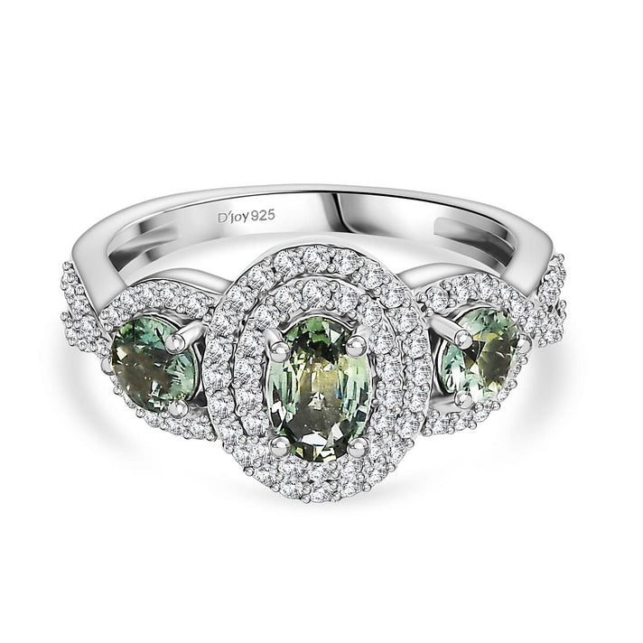 D'Joy Australian Sapphire &amp; Moissanite 3-Stone Halo Ring in Rhodium Overlay Sterling Silver 1.58 Ct. 8313741 1