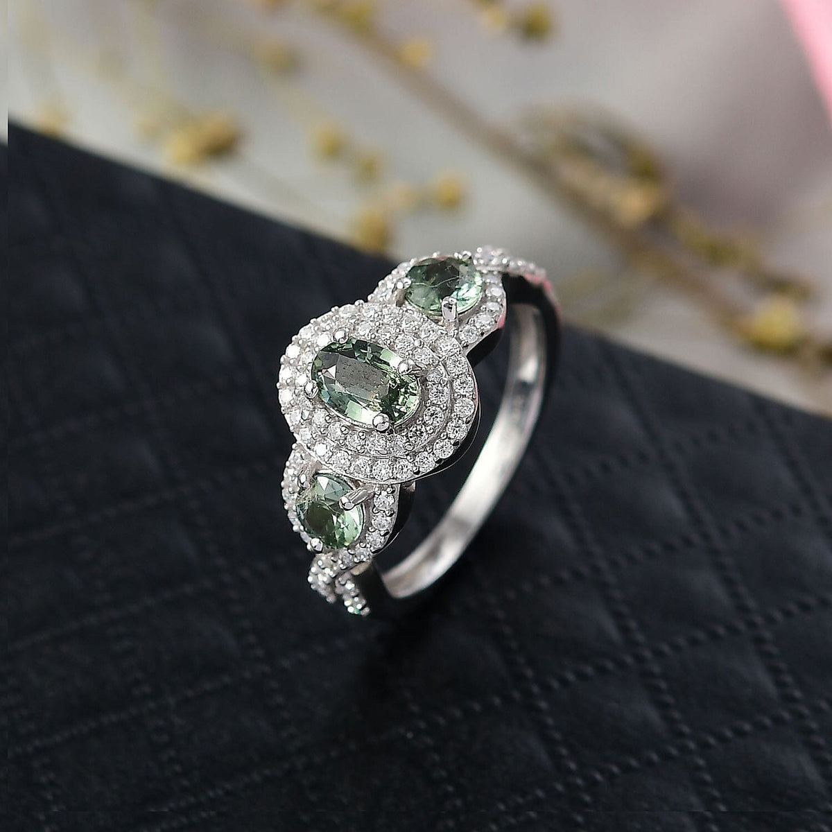 D'Joy Australian Sapphire &amp; Moissanite 3-Stone Halo Ring in Rhodium Overlay Sterling Silver 1.58 Ct. 8313742 2
