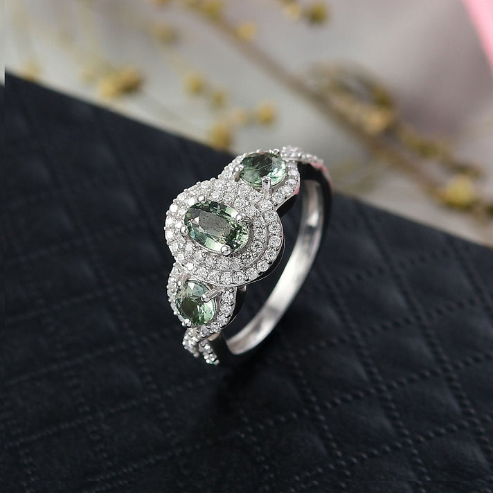 D'Joy Australian Sapphire &amp; Moissanite 3-Stone Halo Ring in Rhodium Overlay Sterling Silver 1.58 Ct. 8313741 2