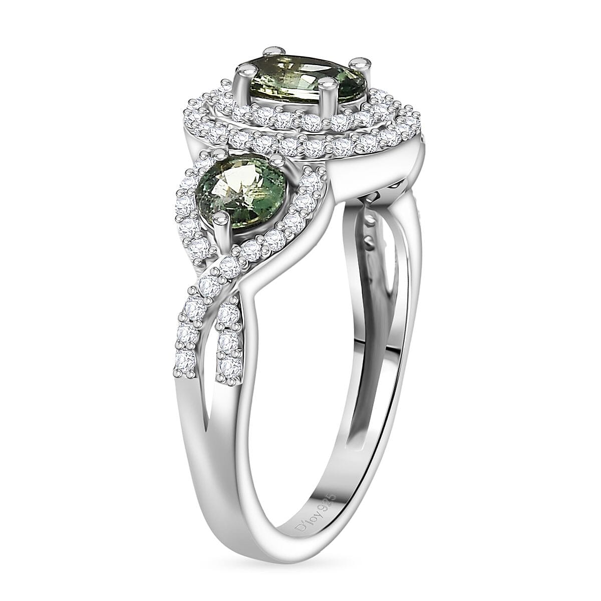 D'Joy Australian Sapphire &amp; Moissanite 3-Stone Halo Ring in Rhodium Overlay Sterling Silver 1.58 Ct. 8313742 4
