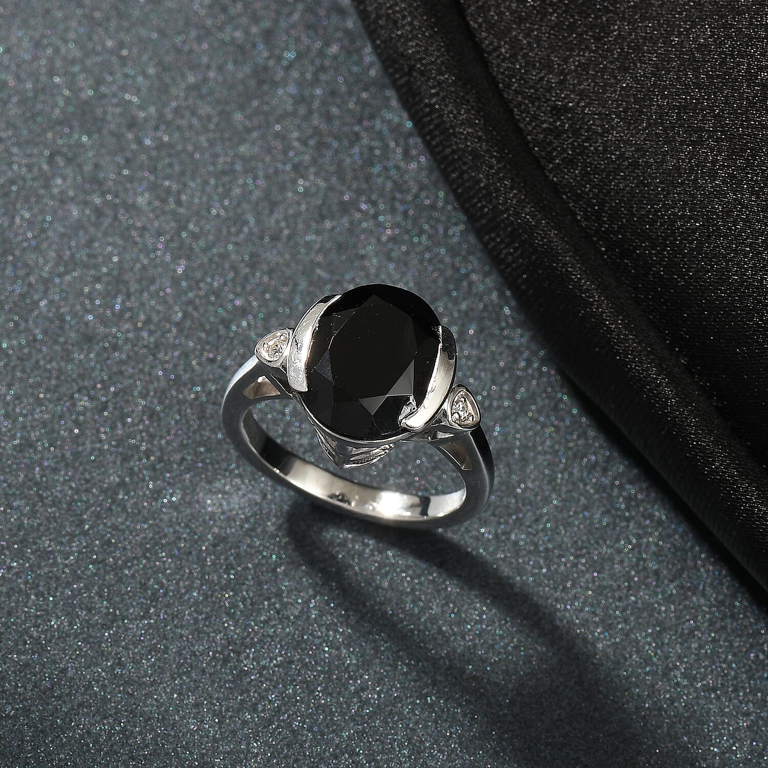 D'Joy Natural Thai Black Spinel &amp; White Zircon Ring in Platinum Overlay Sterling Silver 6.02 Ct. 8271457 2