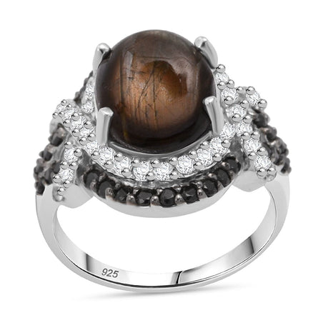D'Joy Chantaburi Black Star Sapphire, Black Spinel &amp; Natural Zircon Ring in Rhodium Overlay Sterling Silver 10.26 Ct. 8266359 1