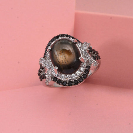 D'Joy Chantaburi Black Star Sapphire, Black Spinel &amp; Natural Zircon Ring in Rhodium Overlay Sterling Silver 10.26 Ct. 8266359 2