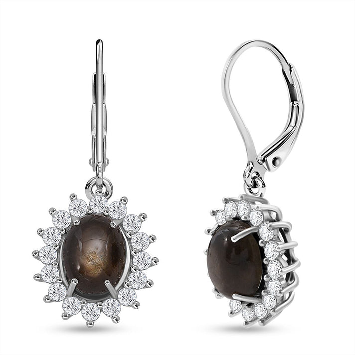 D'Joy Chantaburi Black Star Sapphire &amp; Moissanite Halo Earring with Lever Back in Rhodium Overlay Sterling Silver 8.41 Ct. 8266584 1