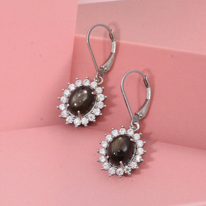 D'Joy Chantaburi Black Star Sapphire &amp; Moissanite Halo Earring with Lever Back in Rhodium Overlay Sterling Silver 8.41 Ct. 8266584 2