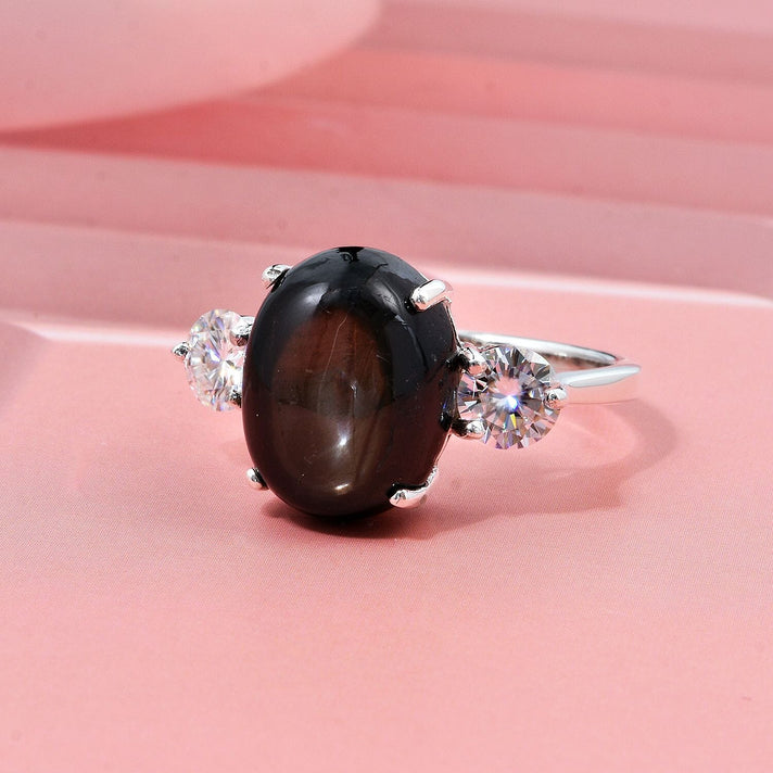D'Joy Black Star Sapphire, Moissanite Ring in Rhodium Overlay Sterling Silver 9.90 Ct. 8266350 2