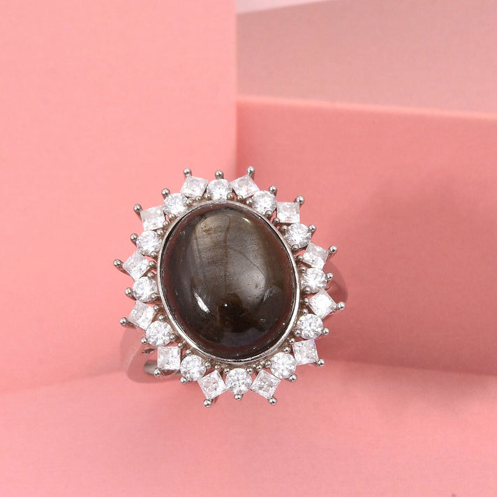 D'Joy Black Star Sapphire, Moissanite Halo Ring in Rhodium Overlay Sterling Silver 13.27 Ct. 8266368 2