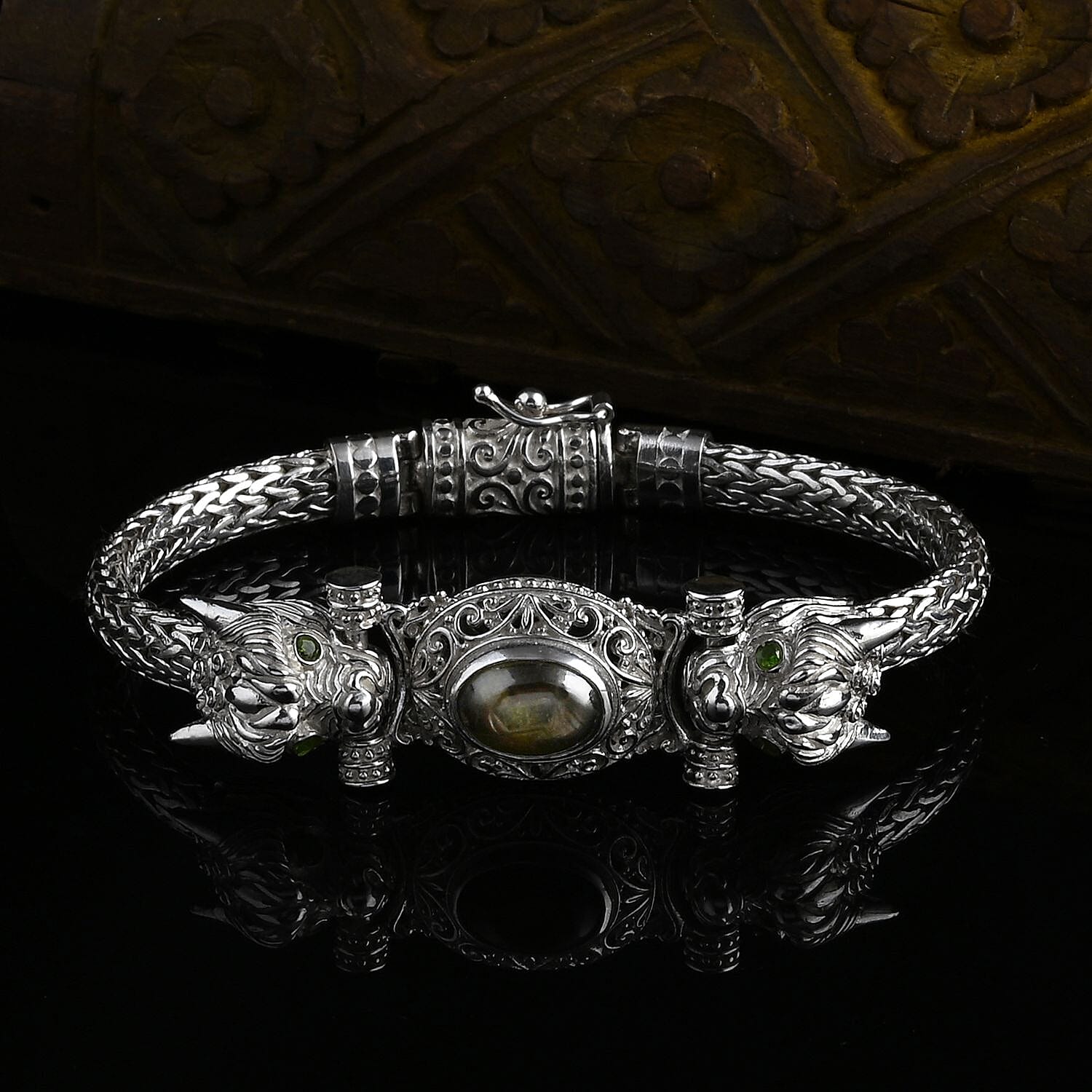 Royal Bali Collection - Black Star Sapphire &amp; Natural Chrome Diopside Handmade Tulang Naga Bracelet (Size 7.5) Sterling Silver 5.68 Ct, Silver Wt. 39.17 Gms. 8273742 1