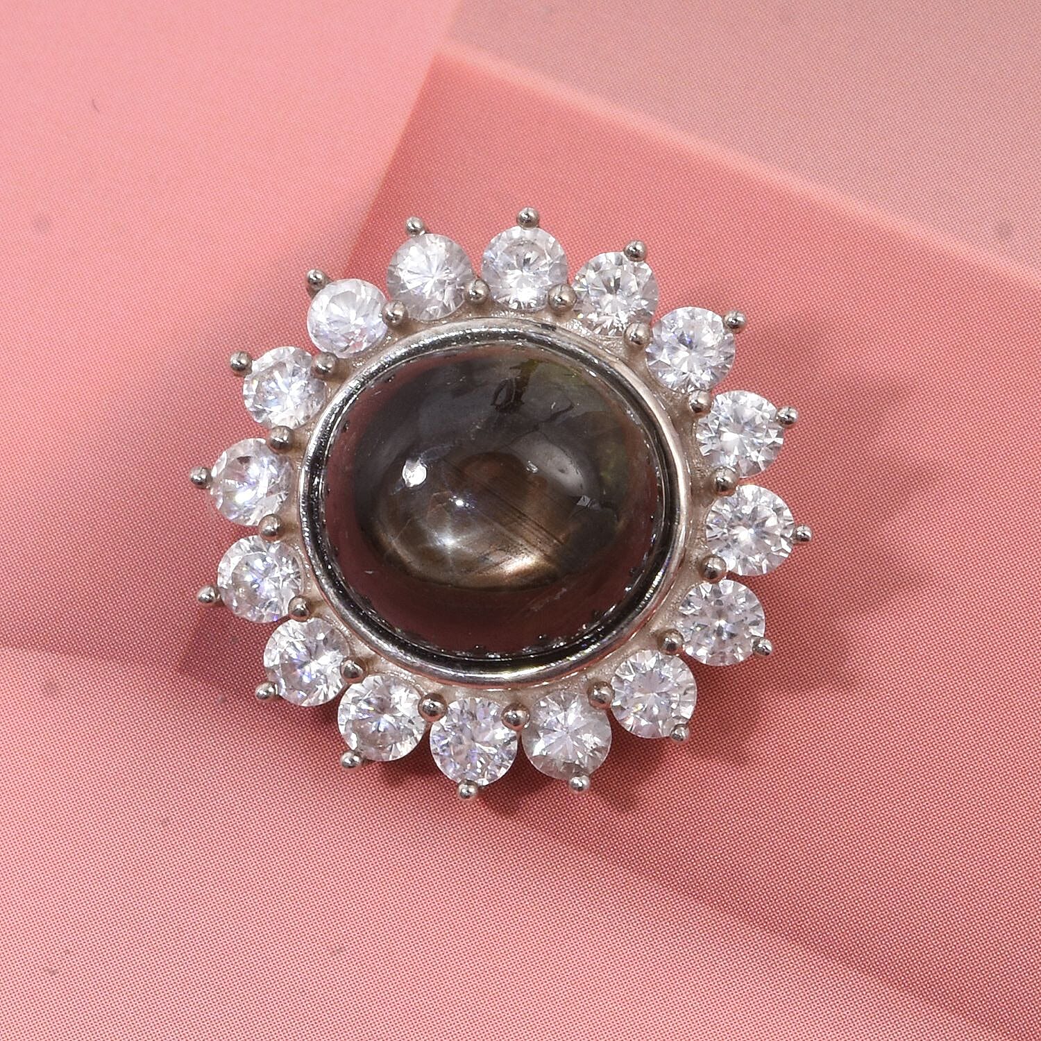 D'Joy Chantaburi Black Star Sapphire &amp; Natural Zircon Brooch in Rhodium Overlay Sterling Silver 12.07 Ct. 8266623 1
