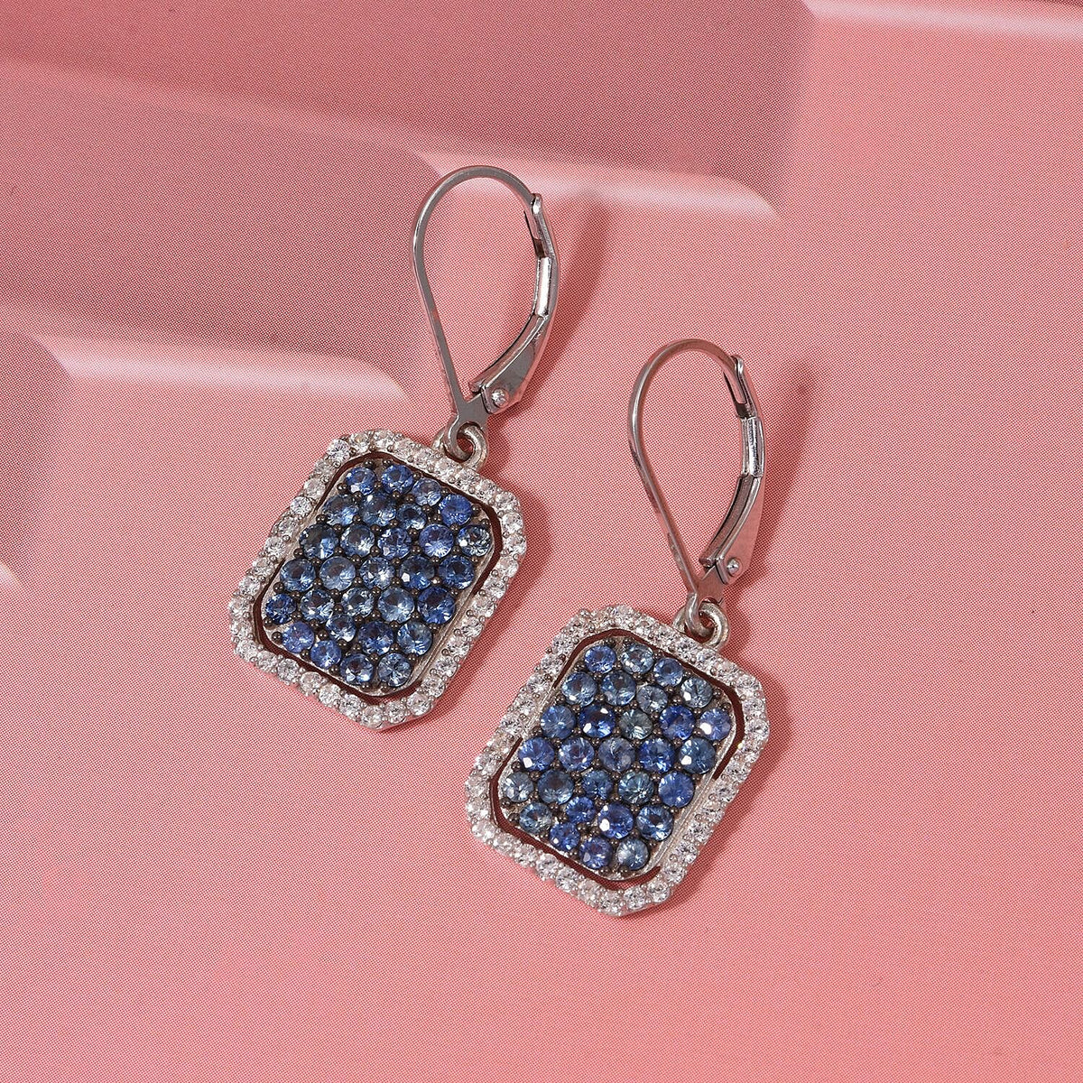 D'Joy Blue Ceylon Sapphire, White Zircon Cluster Earring in Rhodium Overlay Sterling Silver 2.86 Ct. 8296272 1