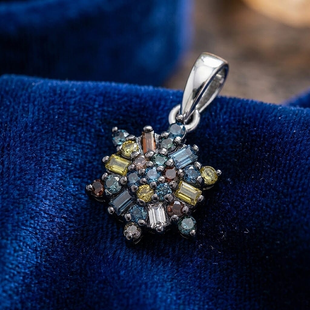 D'Joy Blue Diamond & Multi Diamond Cluster Pendant in Rhodium Overlay Sterling Silver