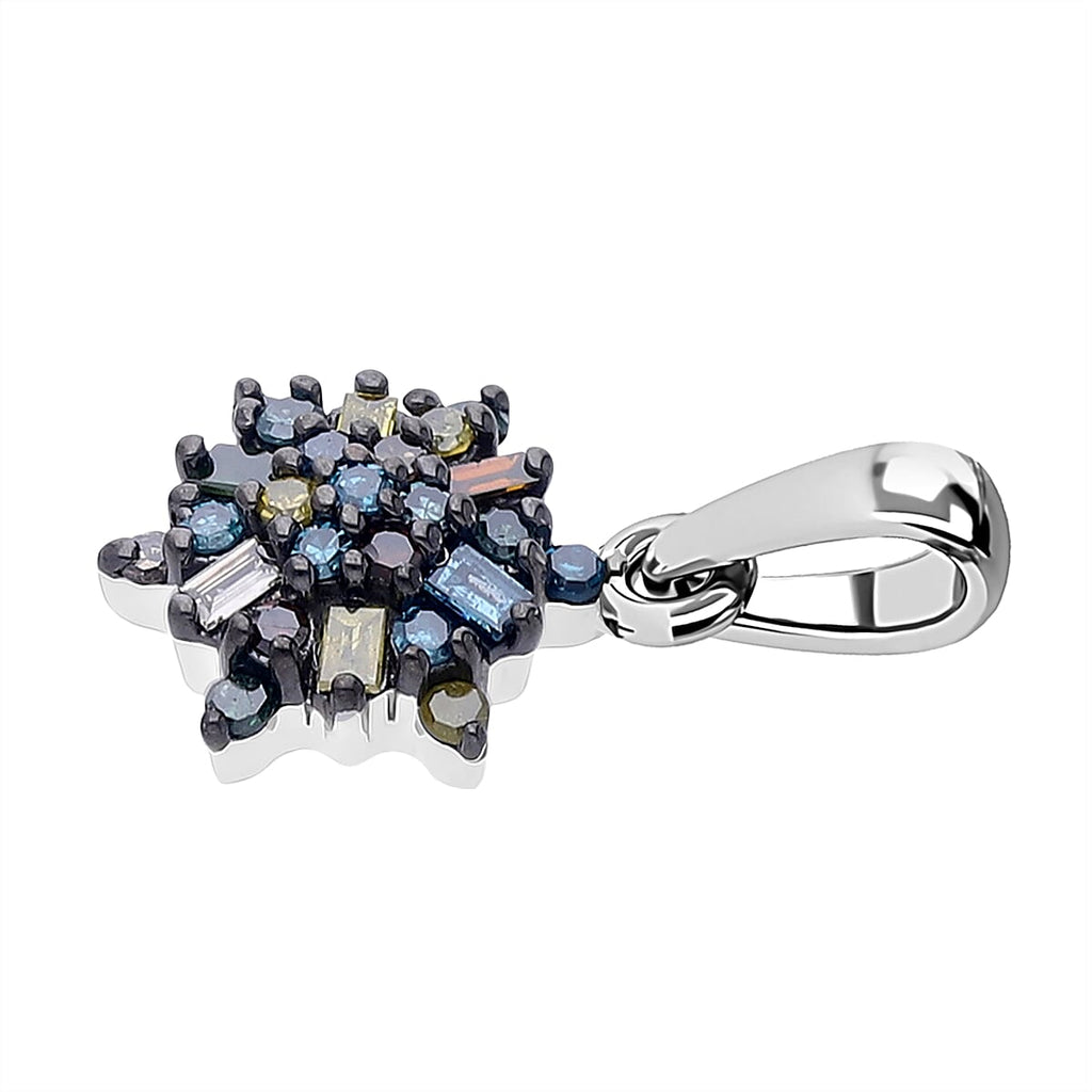 D'Joy Blue Diamond & Multi Diamond Cluster Pendant in Rhodium Overlay Sterling Silver