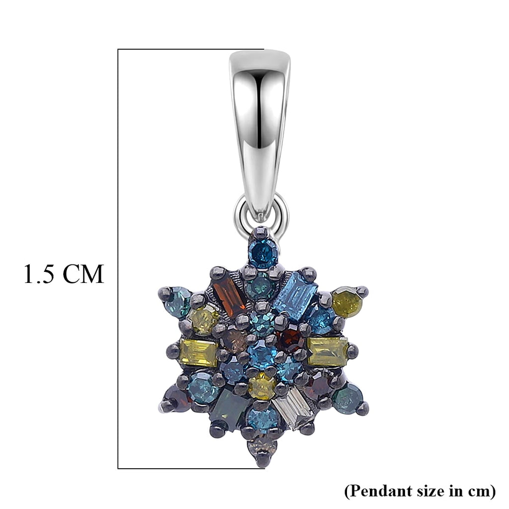 D'Joy Blue Diamond & Multi Diamond Cluster Pendant in Rhodium Overlay Sterling Silver