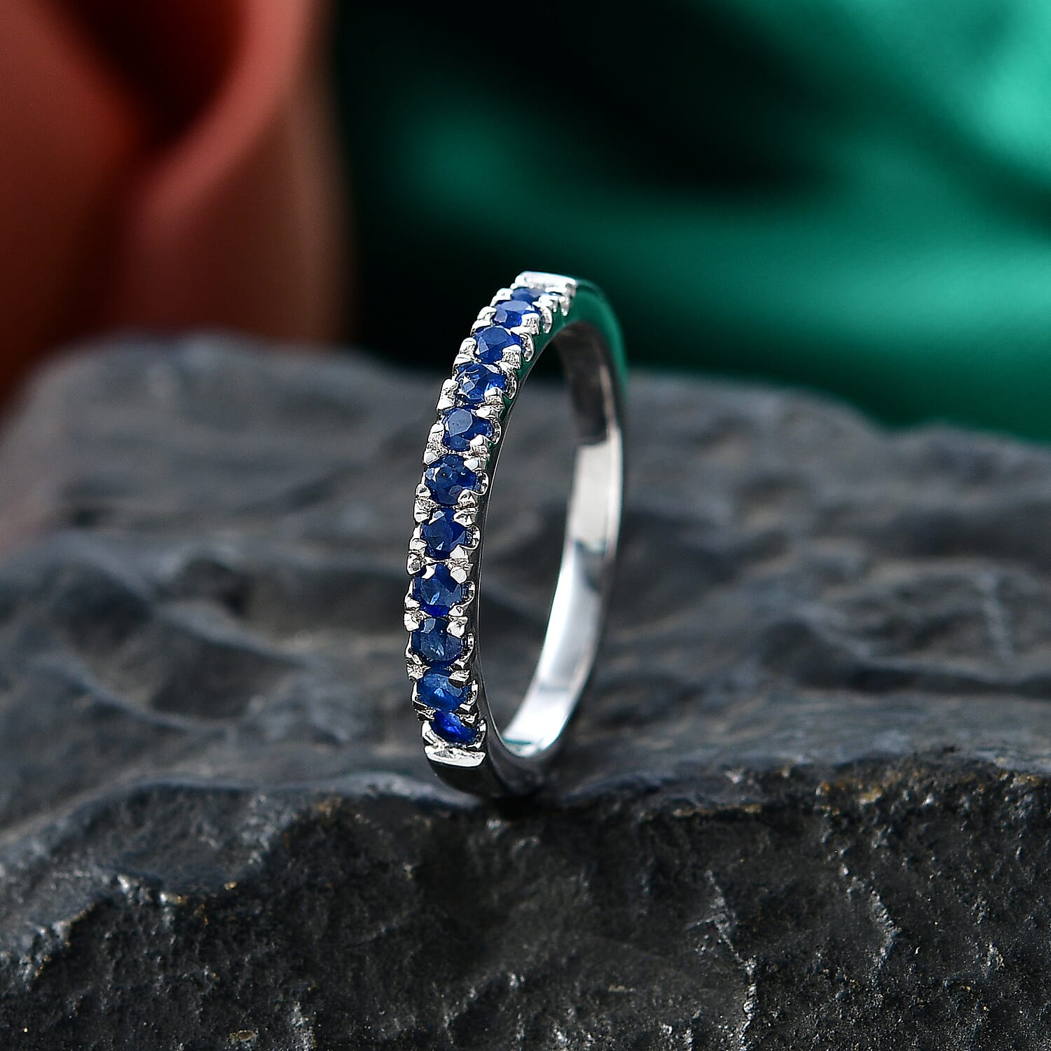 D'Joy Blue Sapphire Half Eternity Band Ring in Rhodium Overlay Sterling Silver 8531957 3