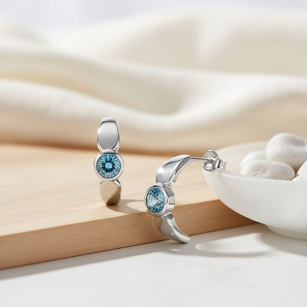 D'Joy Blue Zircon Half-Hoop Earring in Rhodium Overlay Sterling Silver 1.64  Ct. 8294112 2