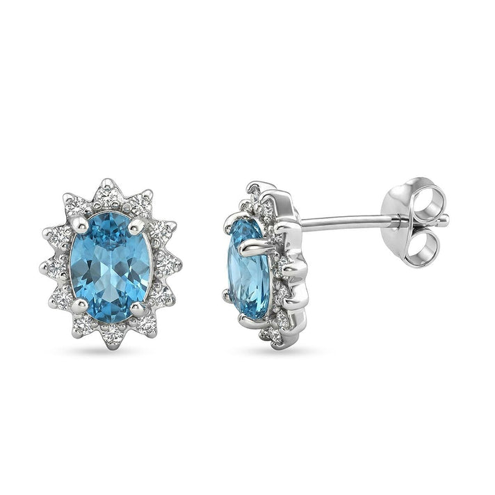 Ratanakiri Blue Zircon, Moissanite Sunburst Halo Earring with Push Back in Rhodium Overlay Sterling Silver 2.87 Ct. 8502065 1
