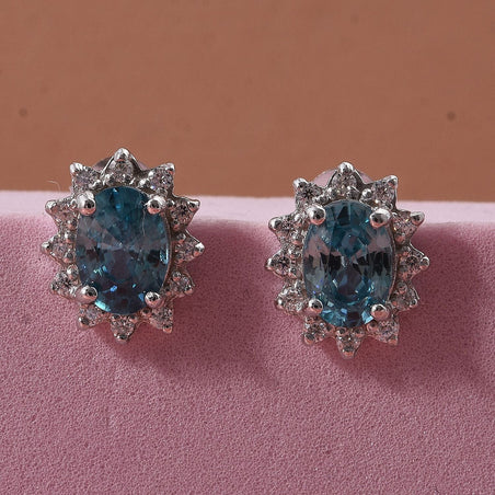 Ratanakiri Blue Zircon, Moissanite Sunburst Halo Earring with Push Back in Rhodium Overlay Sterling Silver 2.87 Ct. 8502065 2