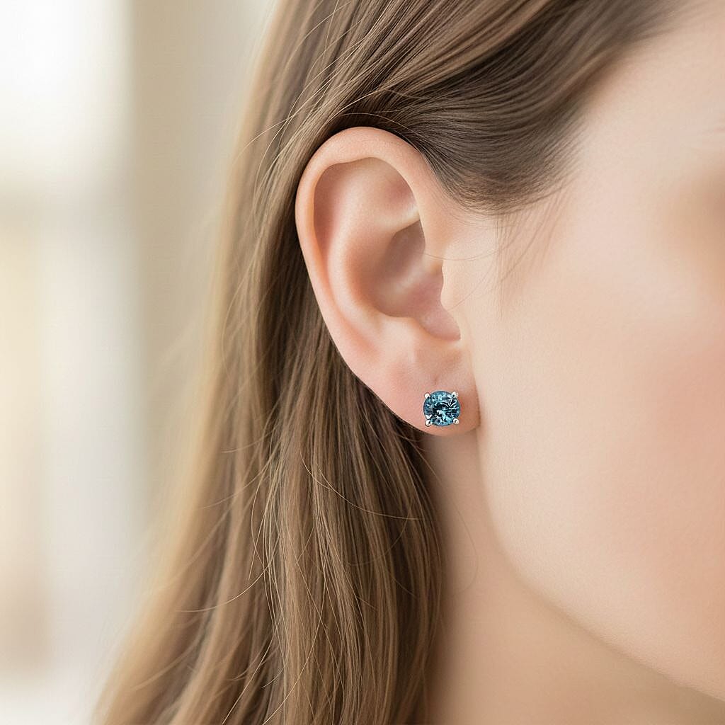 D'Joy Blue Zircon Solitaire Stud Earring with Push Back in Rhodium Overlay Sterling Silver 2.00 Ct. 8502183 2