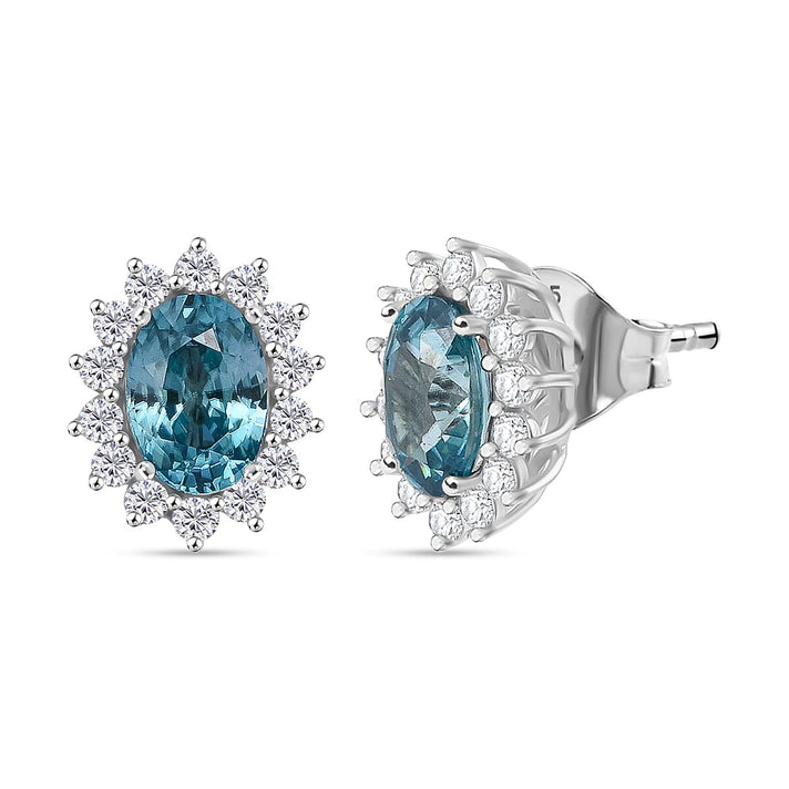 D'Joy Premium Ratnakiri Blue Zircon &amp; White Zircon Halo Earring with Push Back in Rhodium Overlay Sterling Silver 3.15 Ct. 8280680 1