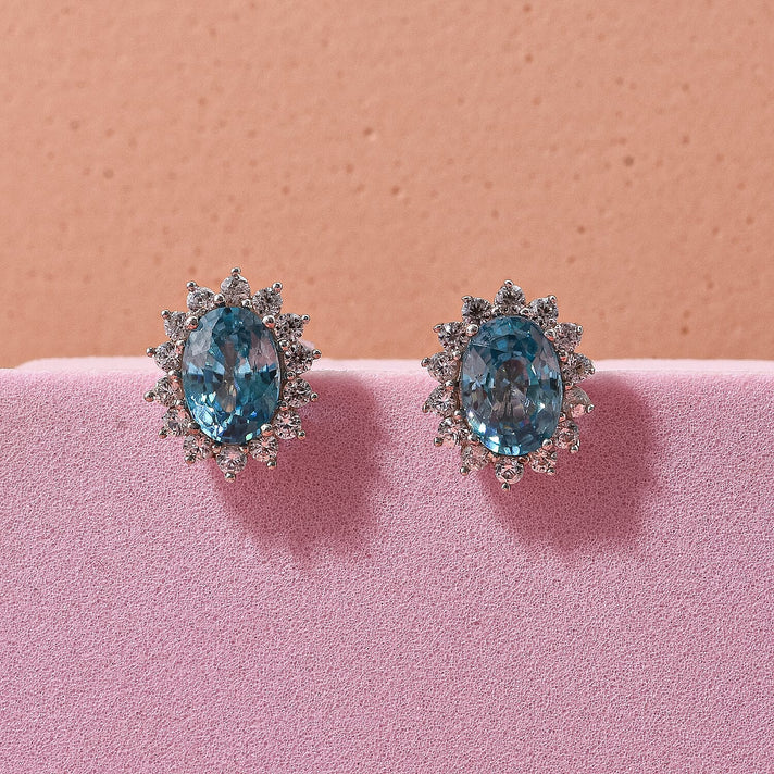D'Joy Premium Ratnakiri Blue Zircon &amp; White Zircon Halo Earring with Push Back in Rhodium Overlay Sterling Silver 3.15 Ct. 8280680 2