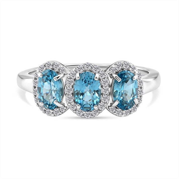 D'Joy Blue Zircon, White Zircon Trilogy Ring in Rhodium Overlay Sterling Silver 2.74 Ct. 8502107 1