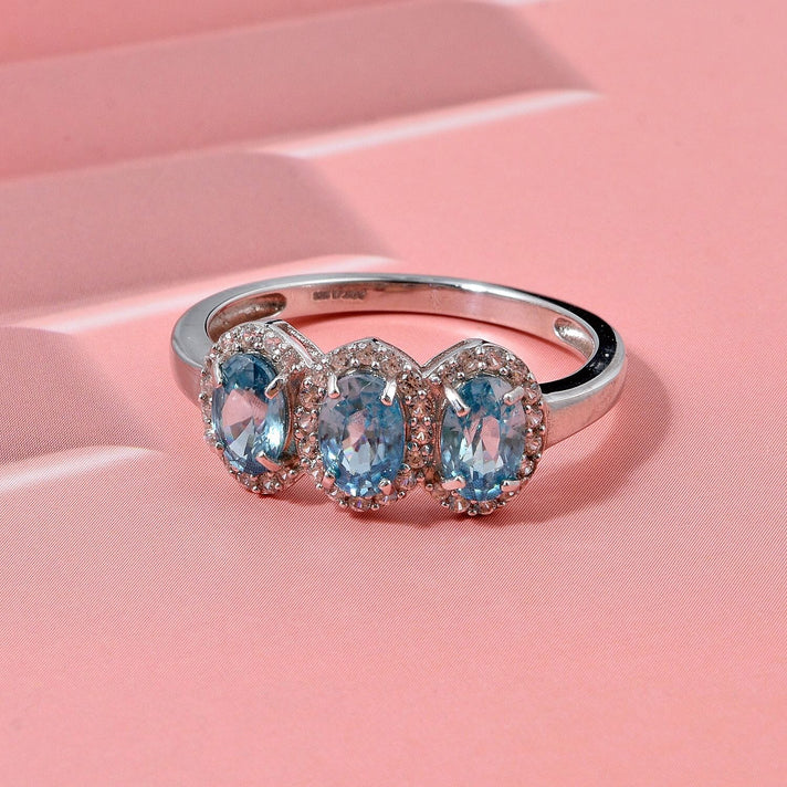 D'Joy Blue Zircon, White Zircon Trilogy Ring in Rhodium Overlay Sterling Silver 2.74 Ct. 8502107 2