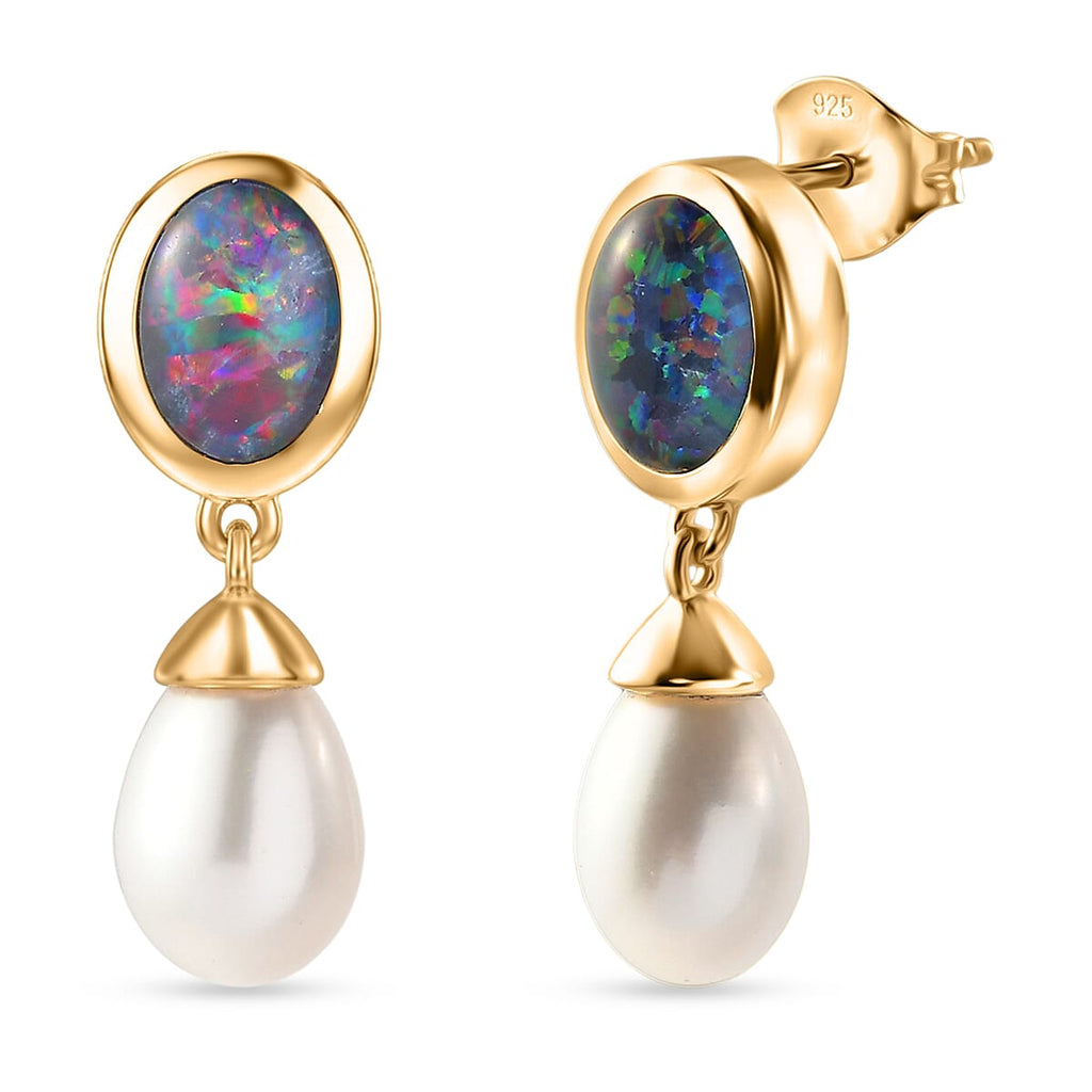 D'Joy - Boulder Opal Fresh Water Pearl Dangling Earring with Push Post in Yellow Gold Plated Sterling Silver 7.65 Ct.