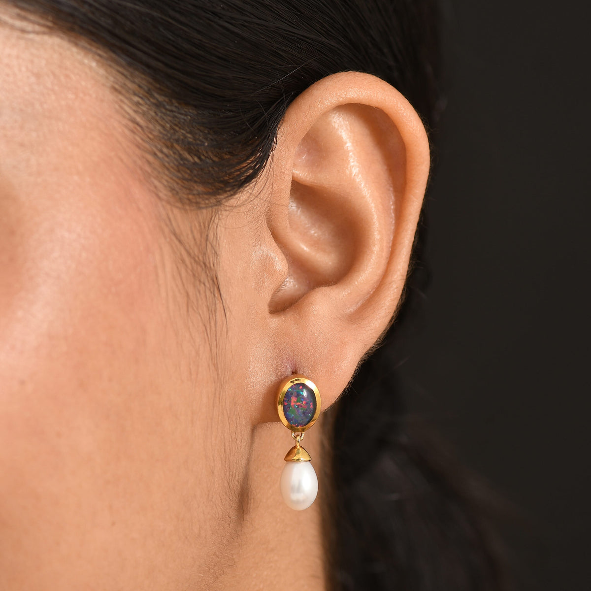 D'Joy - Boulder Opal Fresh Water Pearl Dangling Earring with Push Post in Yellow Gold Plated Sterling Silver 7.65 Ct. 8568040 2