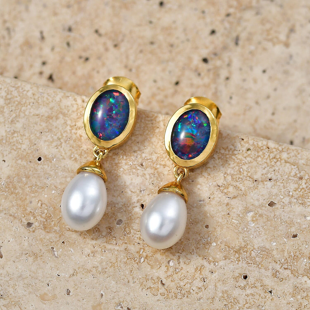 D'Joy - Boulder Opal Fresh Water Pearl Dangling Earring with Push Post in Yellow Gold Plated Sterling Silver 7.65 Ct.
