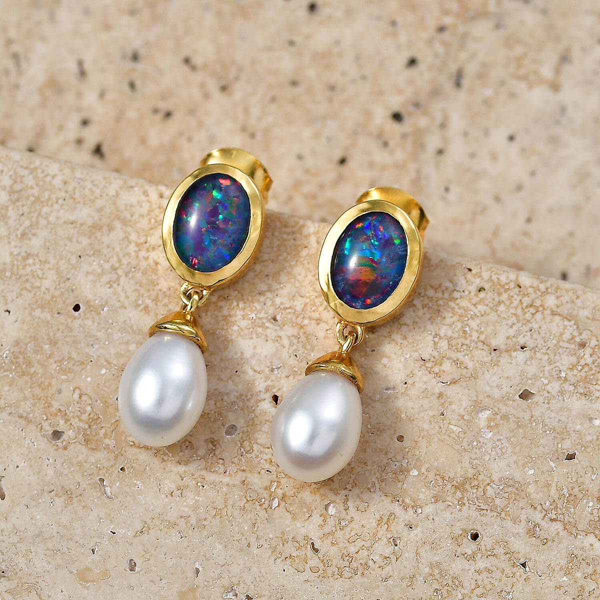 D'Joy - Boulder Opal Fresh Water Pearl Dangling Earring with Push Post in Yellow Gold Plated Sterling Silver 7.65 Ct. 8568040 3