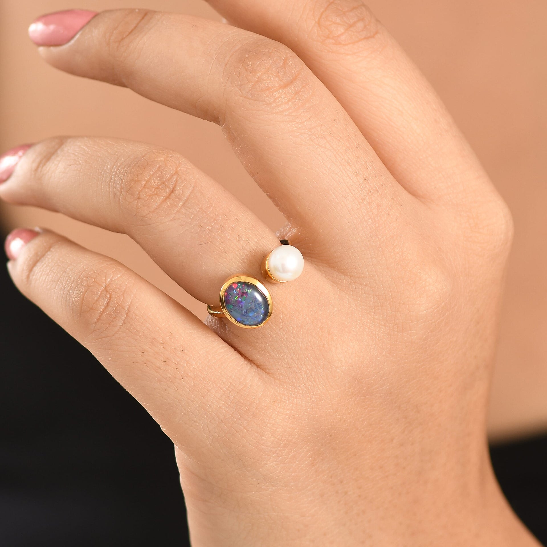 D'Joy - Boulder Opal Triplet &amp; Fresh Water Pearl Ring in Yellow Gold Plated Sterling Silver 2.87 Ct. 8568028 2