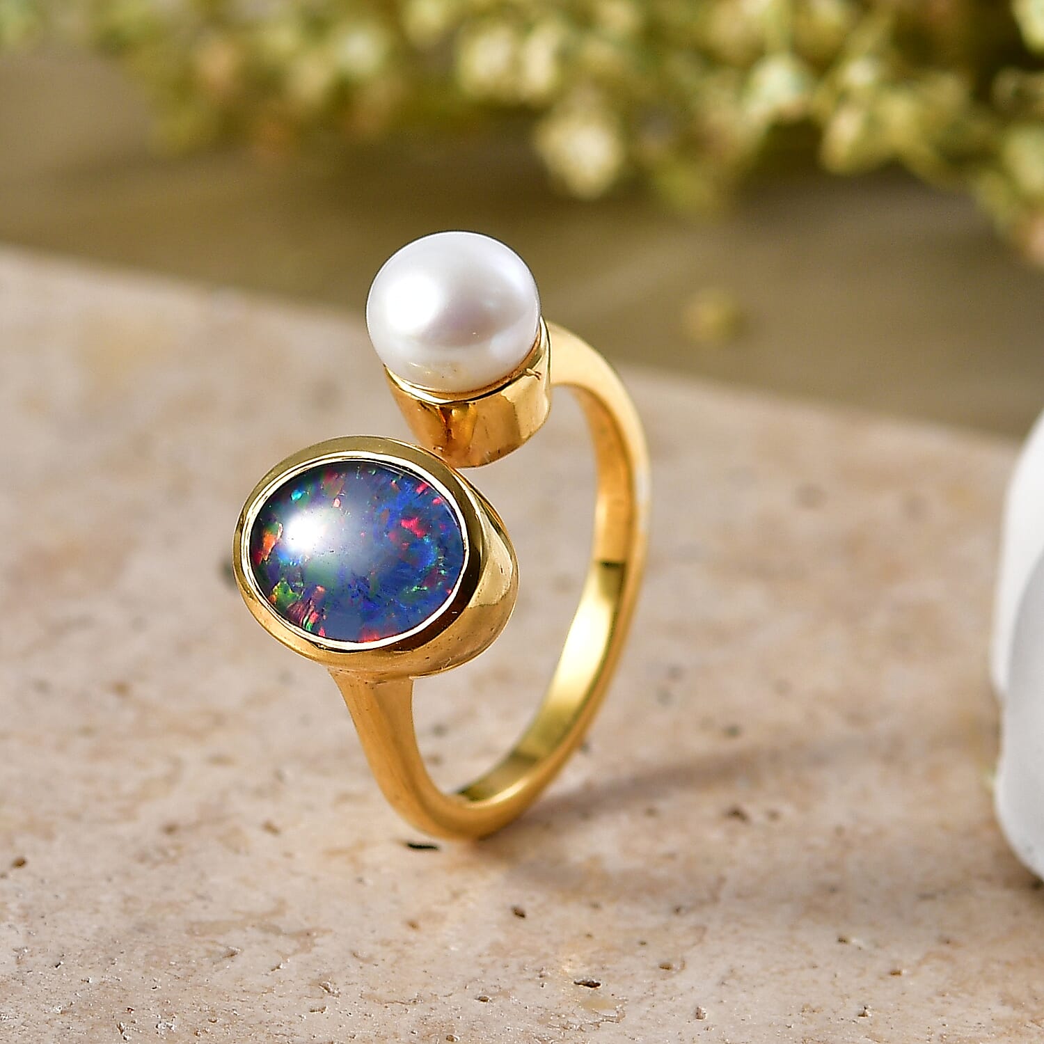 D'Joy - Boulder Opal Triplet &amp; Fresh Water Pearl Ring in Yellow Gold Plated Sterling Silver 2.87 Ct. 8568028 3