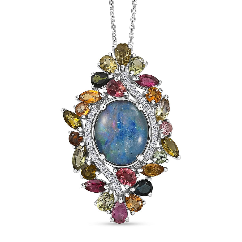 D'Joy - Boulder Opal Multi-Tourmaline & White Zircon Cluster Pendant with Chain (Size 20) in Rhodium Overlay Sterling Silver 6.40 Ct.