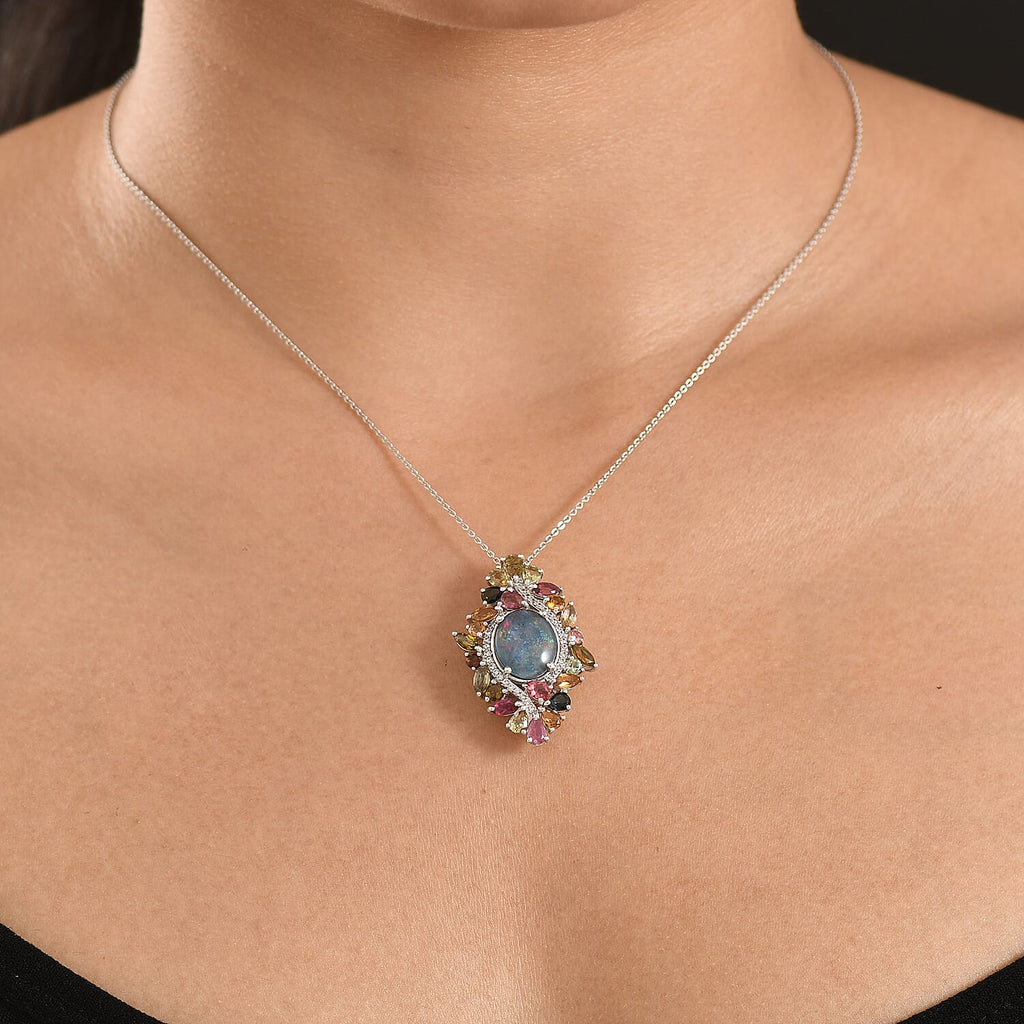 D'Joy - Boulder Opal Multi-Tourmaline & White Zircon Cluster Pendant with Chain (Size 20) in Rhodium Overlay Sterling Silver 6.40 Ct.