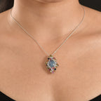 D'Joy - Boulder Opal Multi-Tourmaline & White Zircon Cluster Pendant with Chain (Size 20) in Rhodium Overlay Sterling Silver 6.40 Ct.