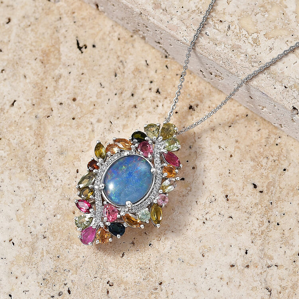 D'Joy - Boulder Opal Multi-Tourmaline & White Zircon Cluster Pendant with Chain (Size 20) in Rhodium Overlay Sterling Silver 6.40 Ct.