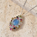 D'Joy - Boulder Opal Multi-Tourmaline & White Zircon Cluster Pendant with Chain (Size 20) in Rhodium Overlay Sterling Silver 6.40 Ct.