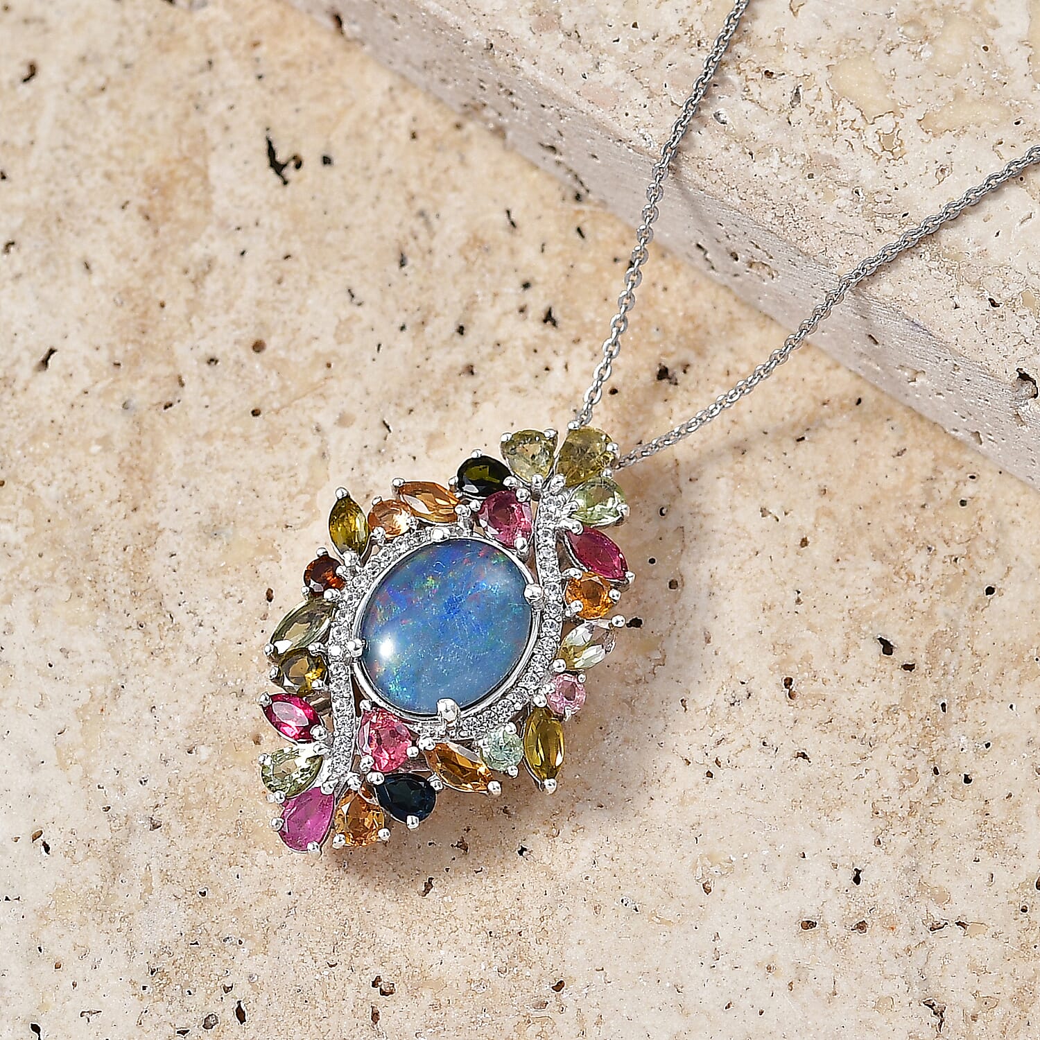 D'Joy - Boulder Opal Multi-Tourmaline &amp; White Zircon Cluster Pendant with Chain (Size 20) in Rhodium Overlay Sterling Silver 6.40 Ct. 4475723 3
